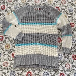 Light grey, torquoise and white striped sweater